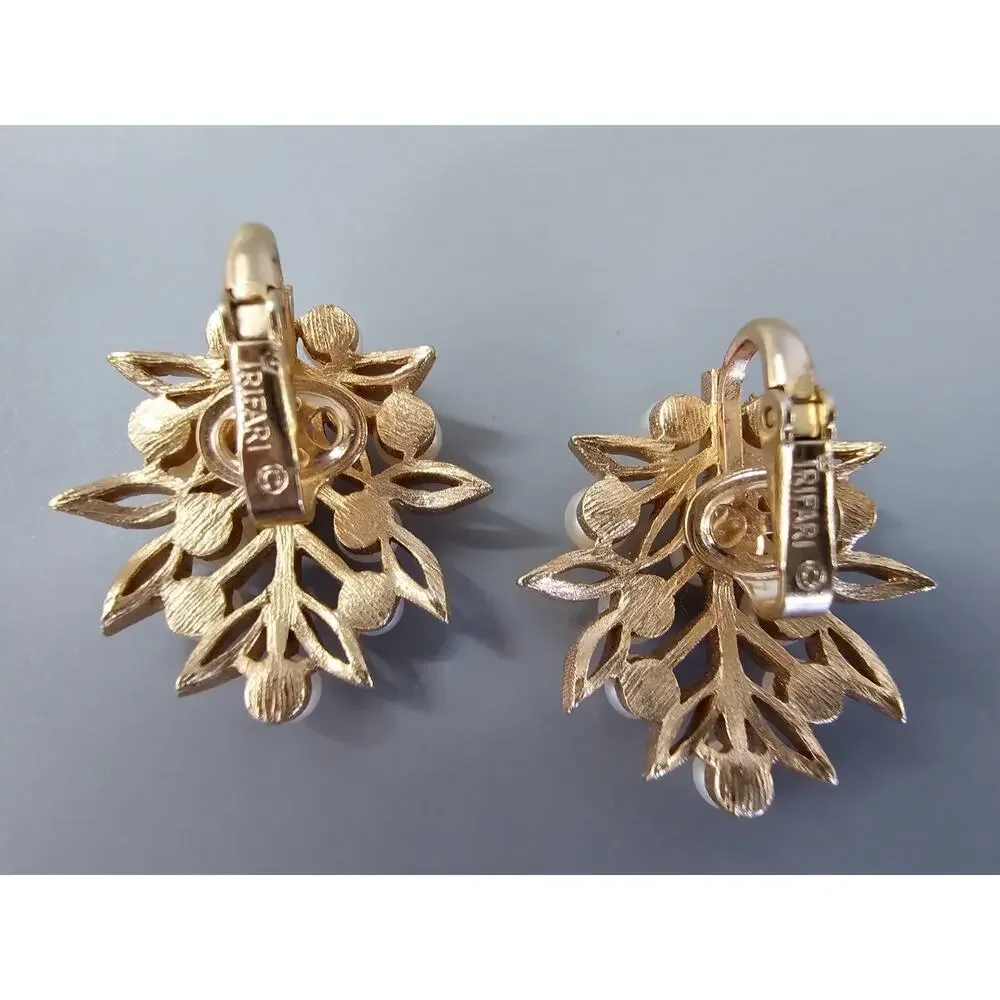 Crown Trifari Vtg Faux Pearl Rose Gold Leaf Brooch Clip Earrings Set 1960s
